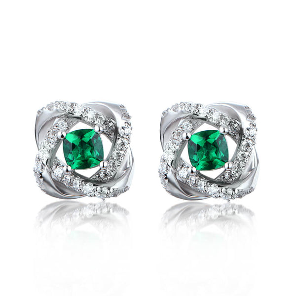 Cushion Lab-Created Emerald Knot Sterling Silver Stud Earrings