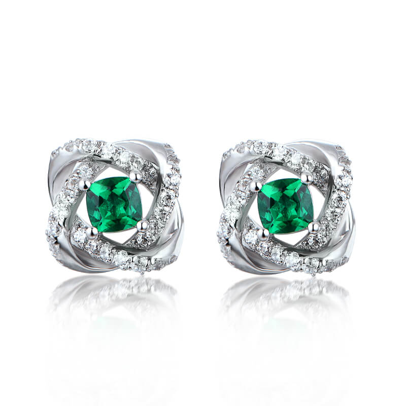 Cushion Lab-Created Emerald Knot Sterling Silver Stud Earrings - ReadYourHeart