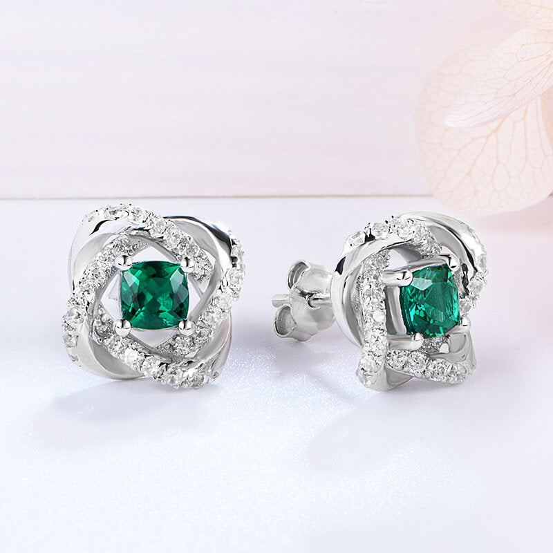 Cushion Lab-Created Emerald Knot Sterling Silver Stud Earrings - ReadYourHeart