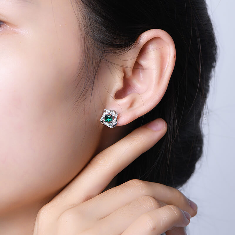 Cushion Lab-Created Emerald Knot Sterling Silver Stud Earrings - ReadYourHeart