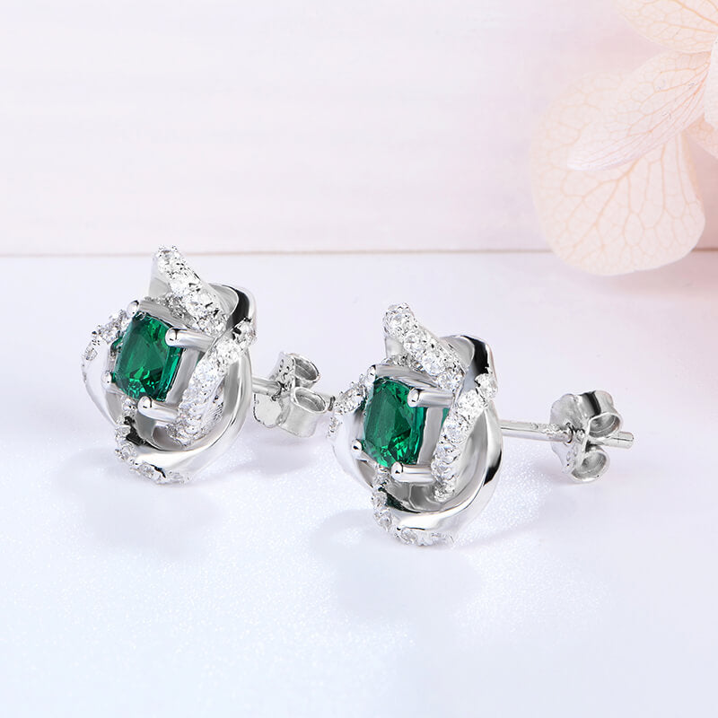 Cushion Lab-Created Emerald Knot Sterling Silver Stud Earrings - ReadYourHeart