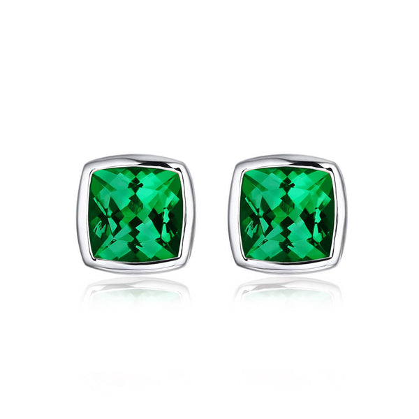 Cushion Lab-Created Emerald Bezel Sterling Silver Stud Earrings