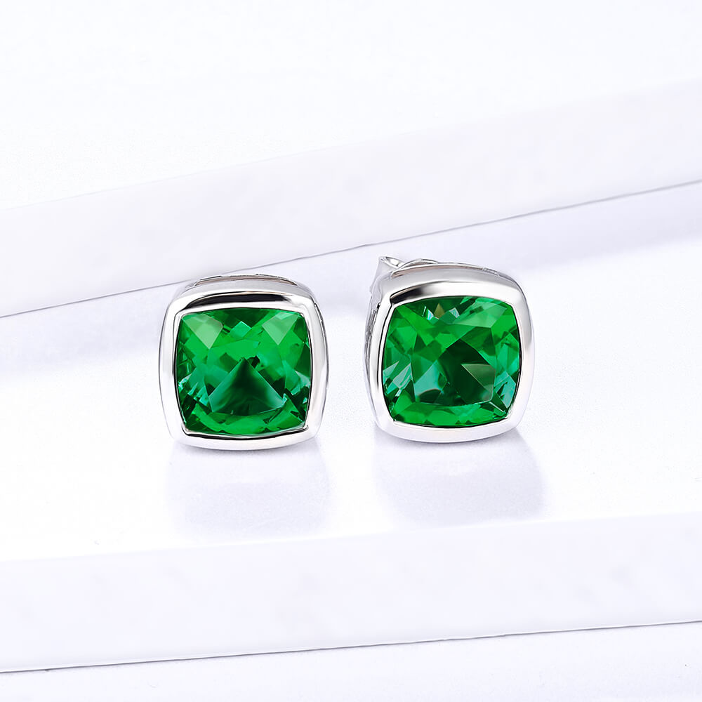 Cushion Lab-Created Emerald Bezel Sterling Silver Stud Earrings - ReadYourHeart