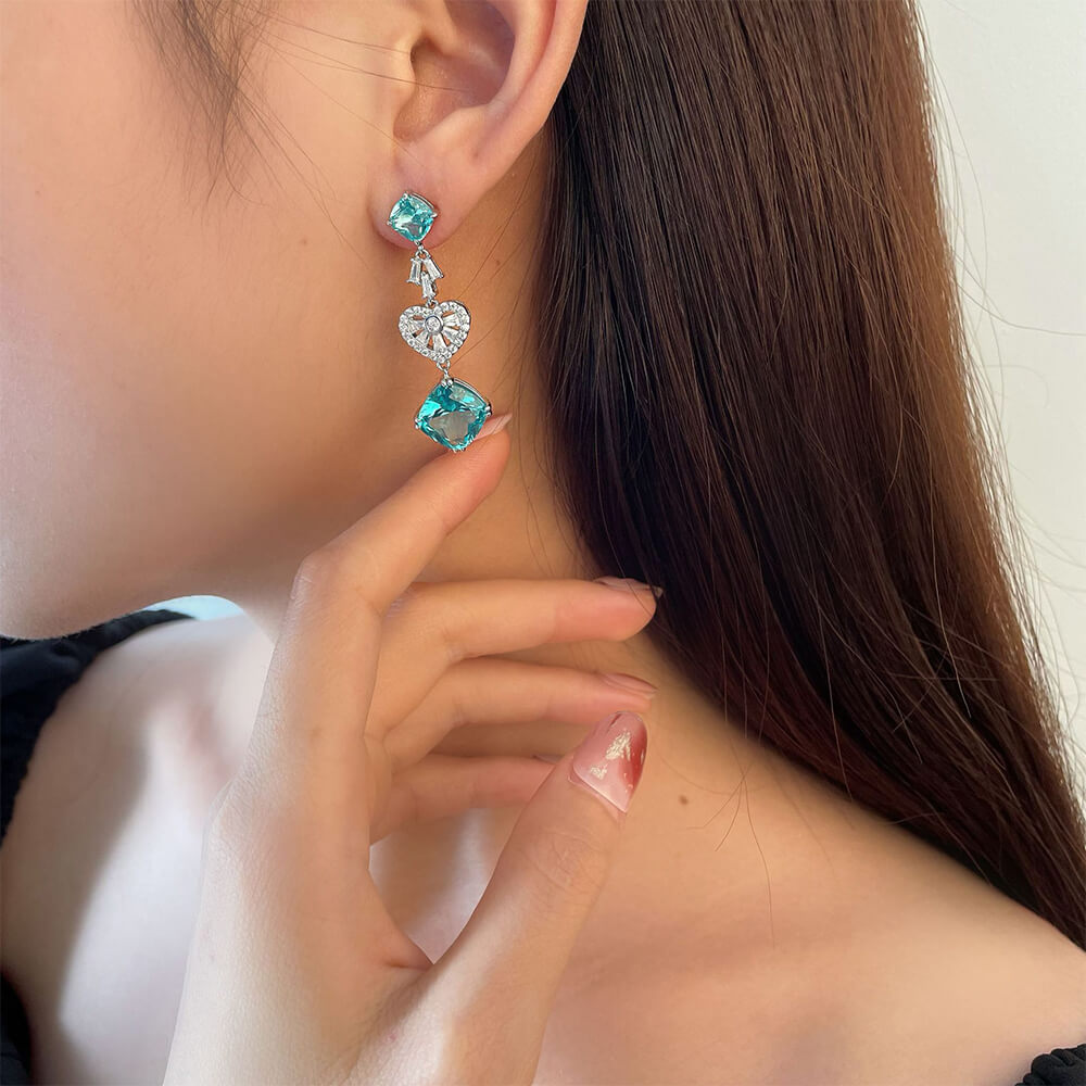 Cushion Paraiba Tourmaline Heart-Shaped Sterling Silver Drop Earrings - ReadYourHeart