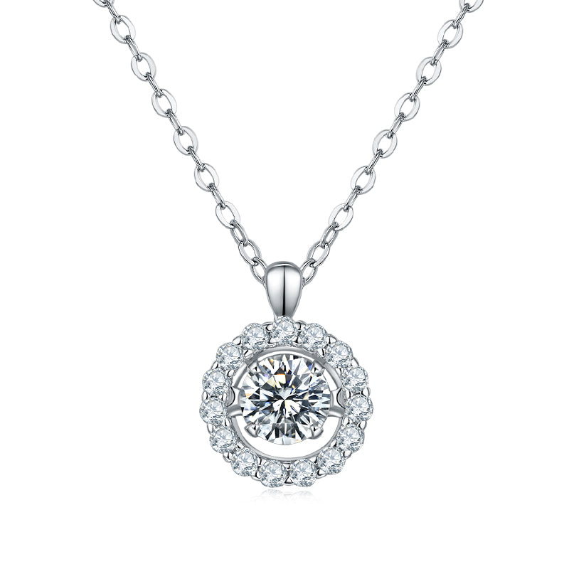 Dancing Moissanite Around You Halo Necklace in Sterling Silver - ReadYourHeart