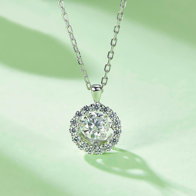 Dancing Moissanite Around You Halo Necklace in Sterling Silver - ReadYourHeart