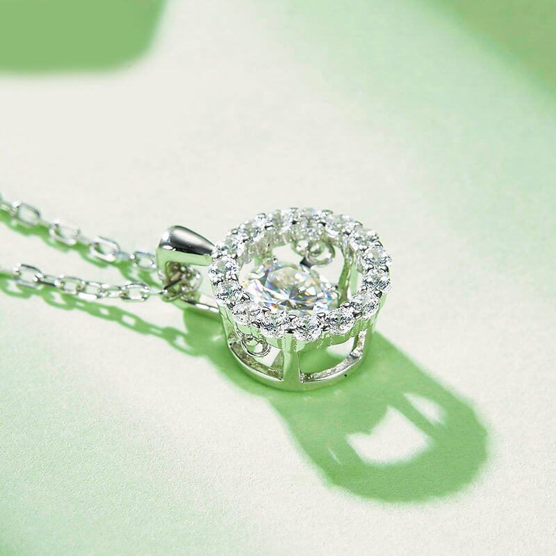 Dancing Moissanite Around You Halo Necklace in Sterling Silver - ReadYourHeart
