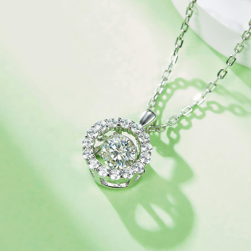 Dancing Moissanite Around You Halo Necklace in Sterling Silver - ReadYourHeart