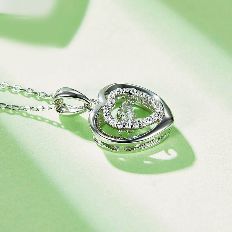 Dancing Moissanite Double Heart Necklace in Sterling Silver - ReadYourHeart