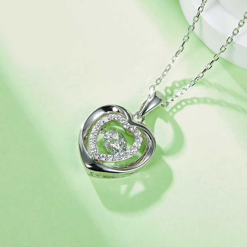 Dancing Moissanite Double Heart Necklace in Sterling Silver - ReadYourHeart
