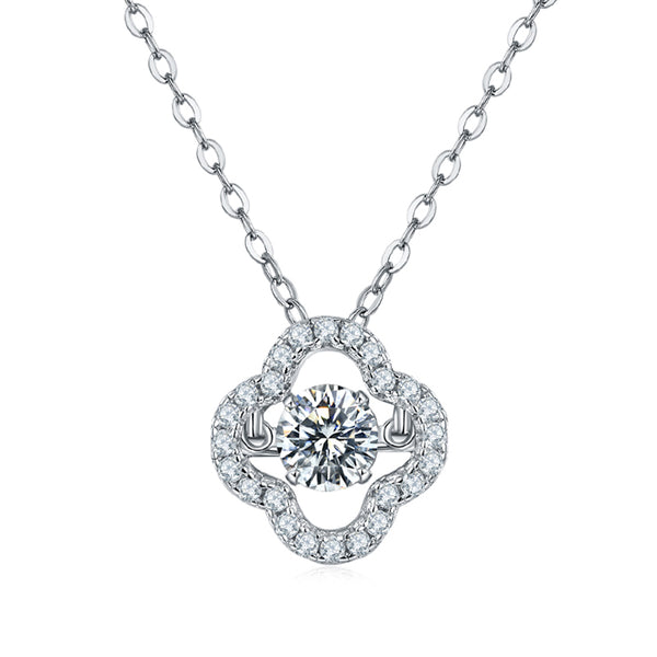 Dancing Moissanite Four Leaf Clover Pave Necklace in Sterling Silver