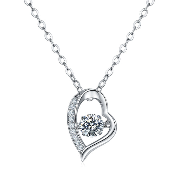 Dancing Moissanite Heart-Shaped Side Stone Necklace in Sterling Silver