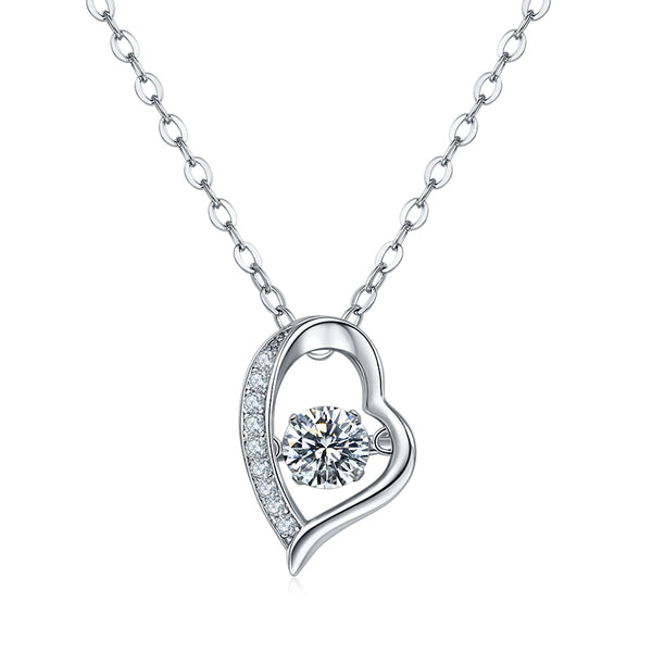 Dancing Moissanite Heart-Shaped Side Stone Necklace in Sterling Silver - ReadYourHeart