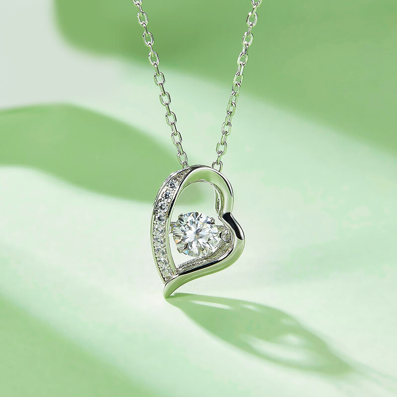 Dancing Moissanite Heart-Shaped Side Stone Necklace in Sterling Silver - ReadYourHeart