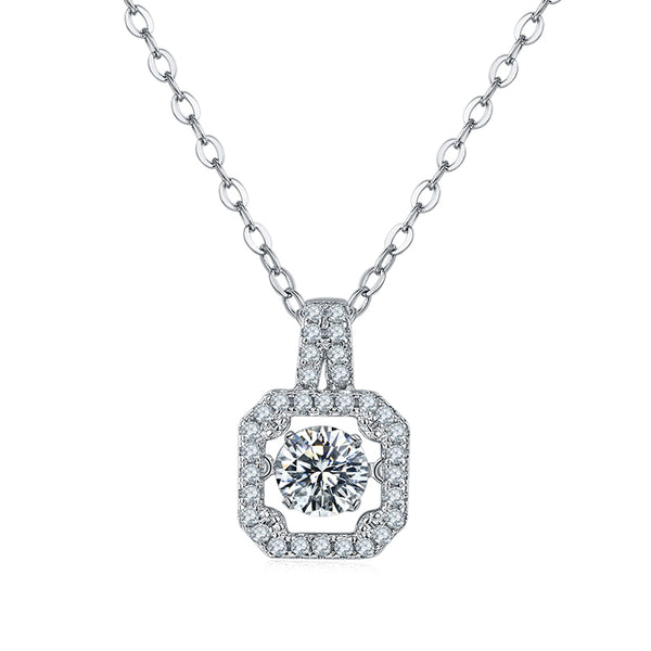 Dancing Moissanite Square-Shaped Halo Necklace in Sterling Silver - ReadYourHeart