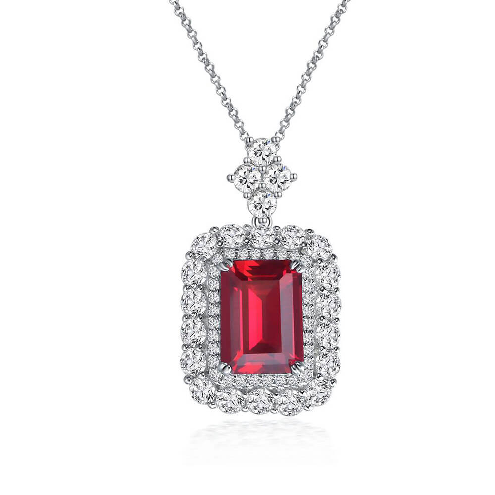 Double Halo Emerald-Cut Gemstone Sterling Silver Necklace - ReadYourHeart