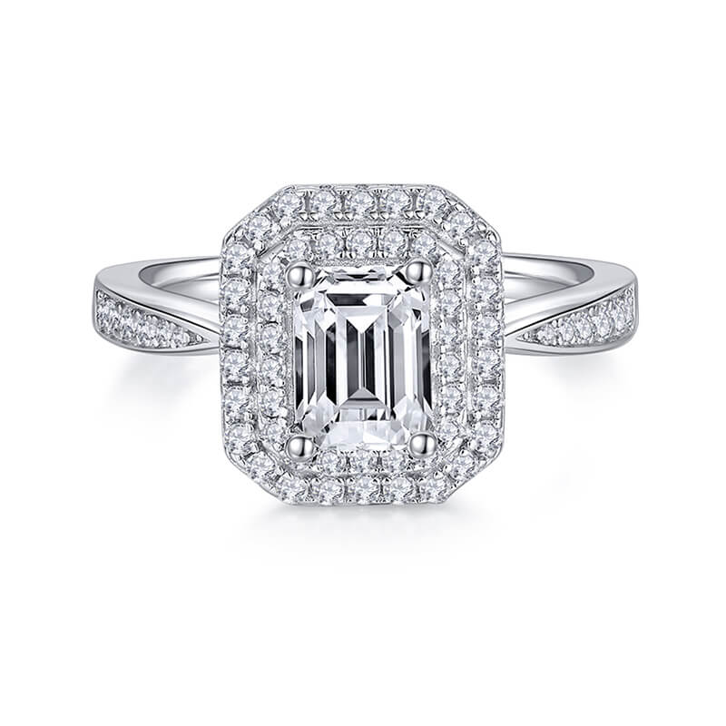 Double Halo Emerald-Cut Moissanite Pave Engagement Ring - ReadYourHeart