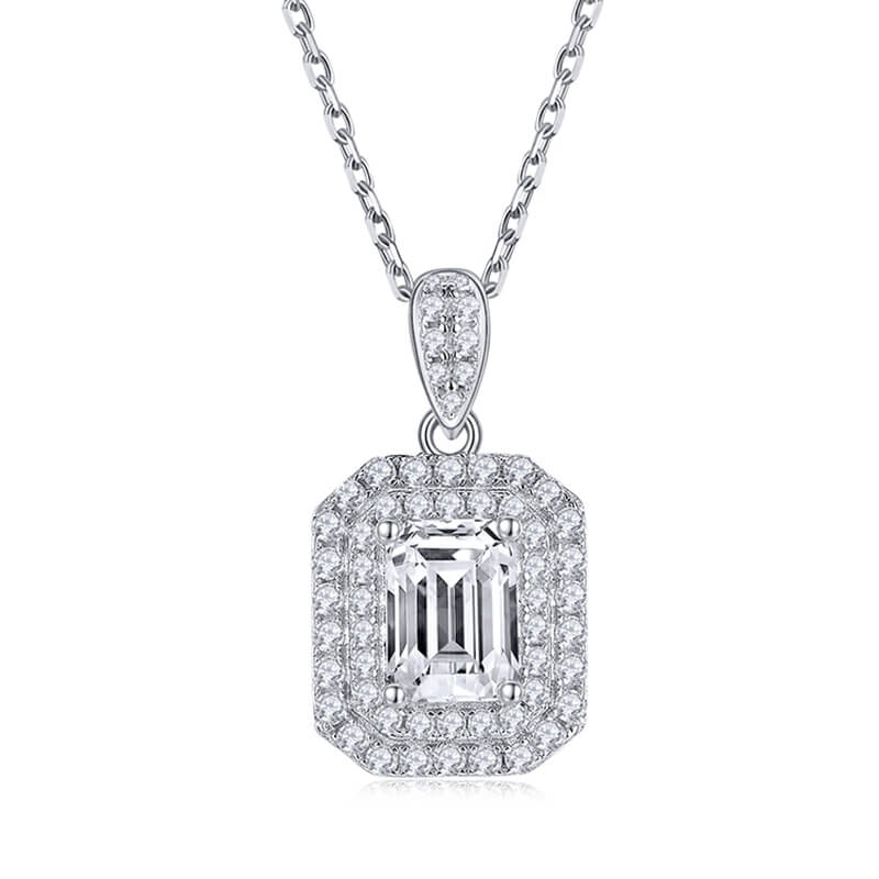 Double Halo Emerald-Cut Moissanite Pendant Necklace - ReadYourHeart