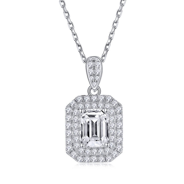 Double Halo Emerald-Cut Moissanite Pendant Necklace - ReadYourHeart