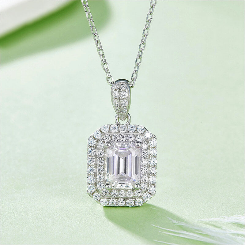 Double Halo Emerald-Cut Moissanite Pendant Necklace - ReadYourHeart