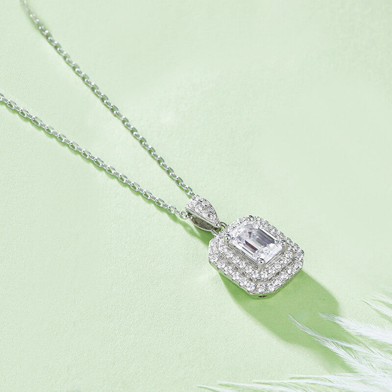 Double Halo Emerald-Cut Moissanite Pendant Necklace - ReadYourHeart
