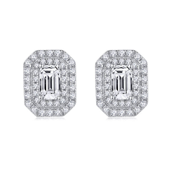 Double Halo Emerald-Cut Moissanite Stud Earrings In Sterling Silver - ReadYourHeart