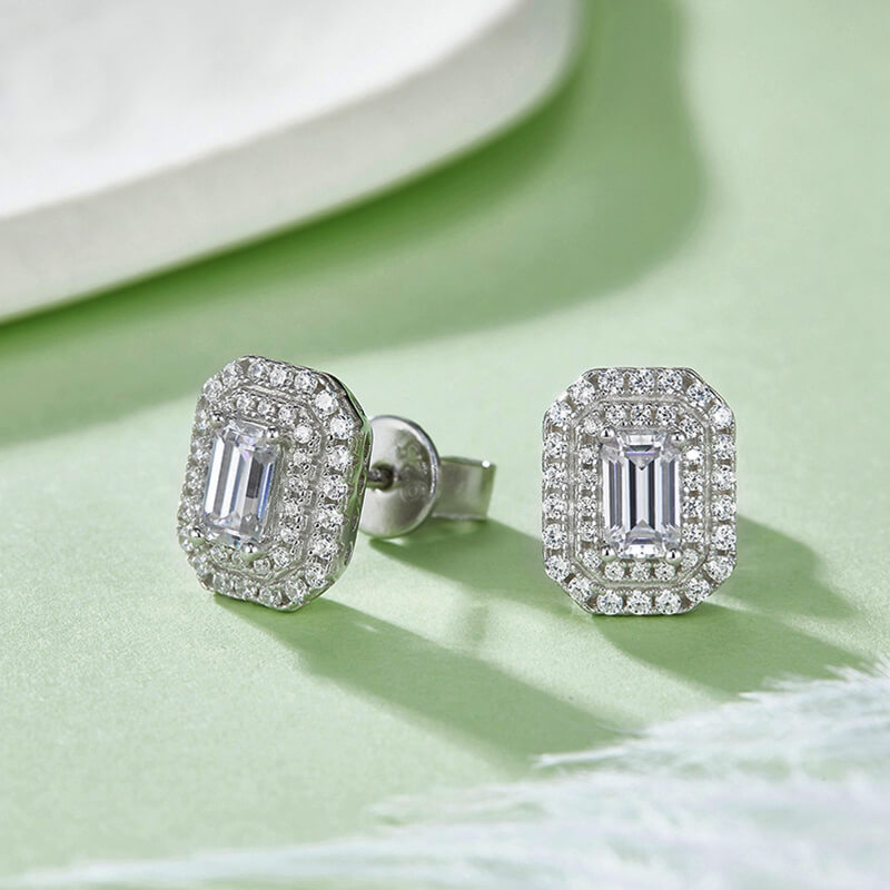 Double Halo Emerald-Cut Moissanite Stud Earrings In Sterling Silver - ReadYourHeart