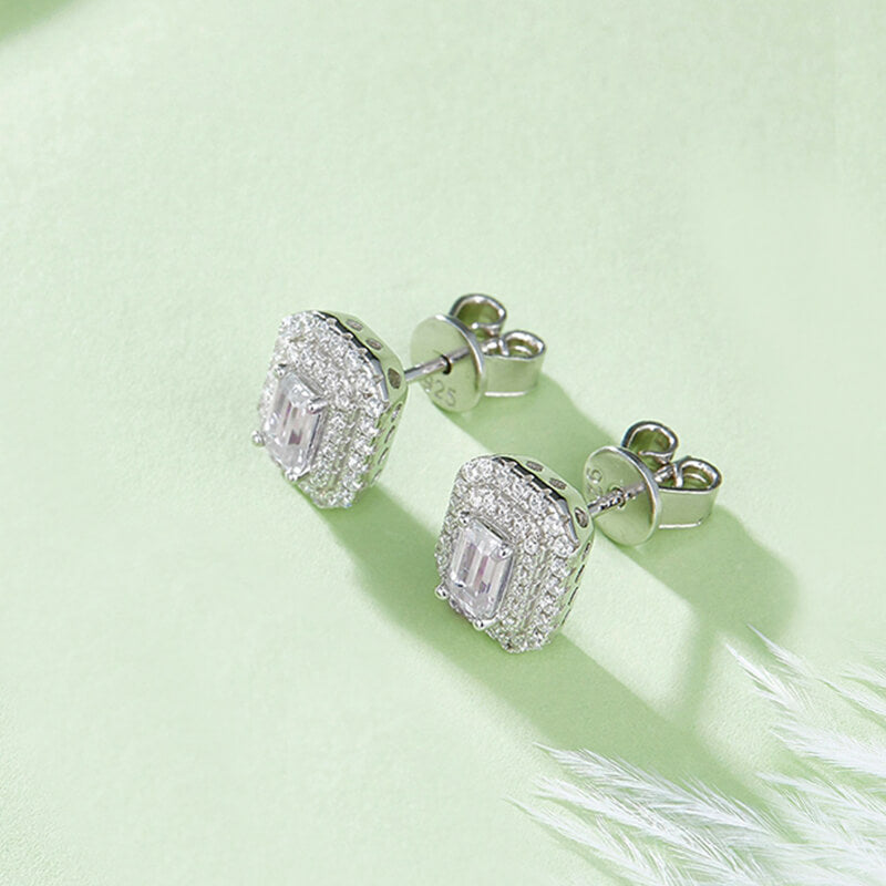 Double Halo Emerald-Cut Moissanite Stud Earrings In Sterling Silver - ReadYourHeart