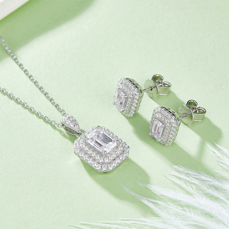 Double Halo Emerald-Cut Moissanite Stud Earrings In Sterling Silver - ReadYourHeart