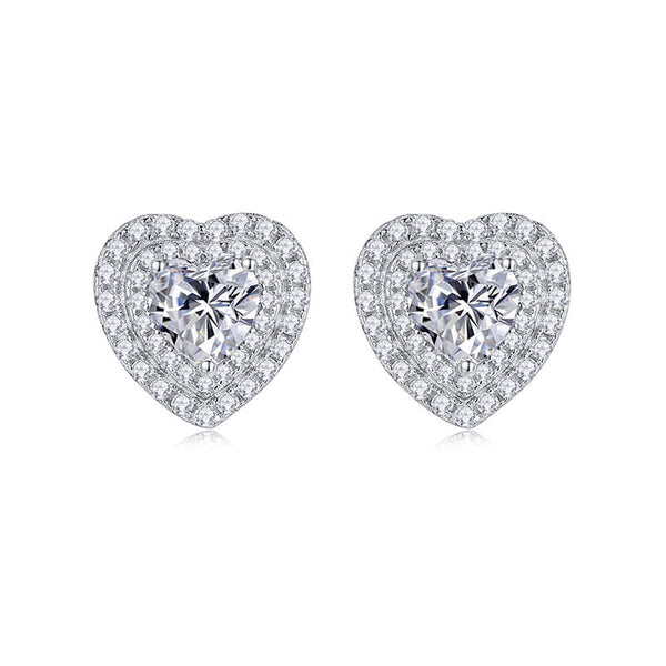Double Halo Heart Moissanite Stud Earrings In Sterling Silver - ReadYourHeart