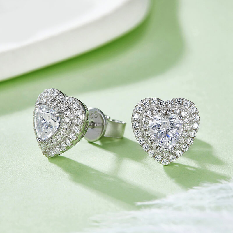 Double Halo Heart Moissanite Stud Earrings In Sterling Silver - ReadYourHeart