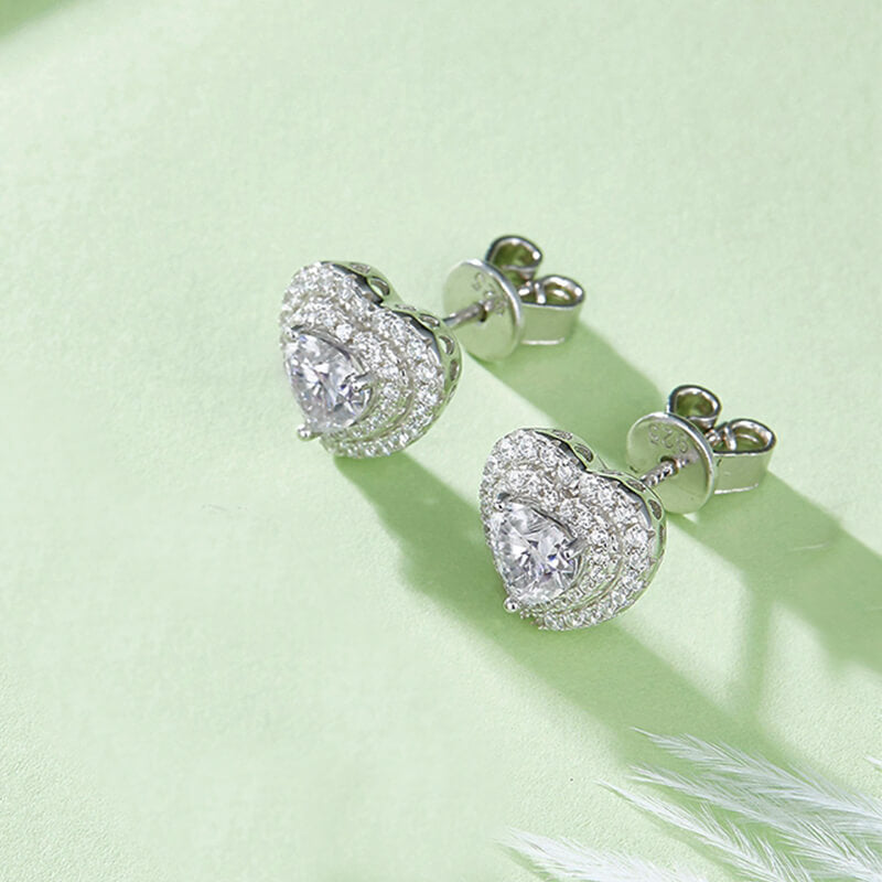 Double Halo Heart Moissanite Stud Earrings In Sterling Silver - ReadYourHeart