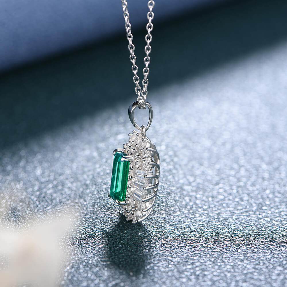 Double Halo Lab-Created Emerald Sterling Silver Necklace - ReadYourHeart