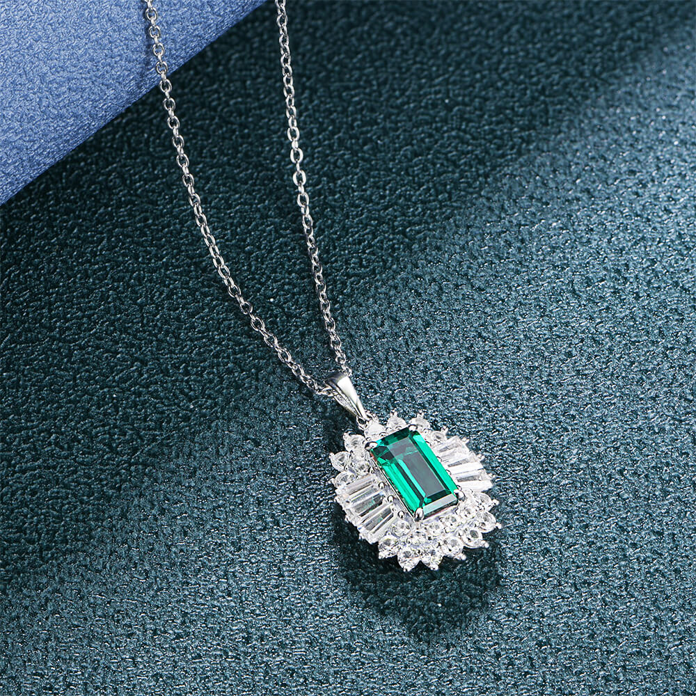 Double Halo Lab-Created Emerald Sterling Silver Necklace - ReadYourHeart