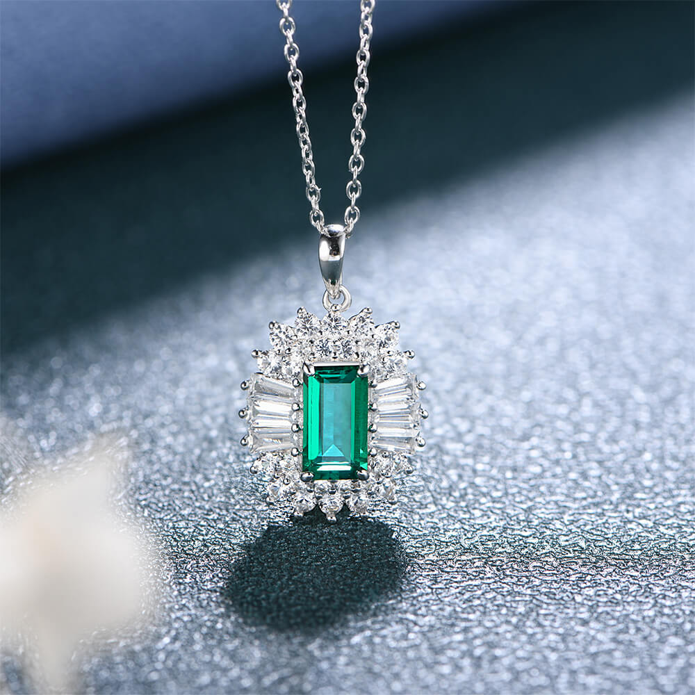 Double Halo Lab-Created Emerald Sterling Silver Necklace - ReadYourHeart