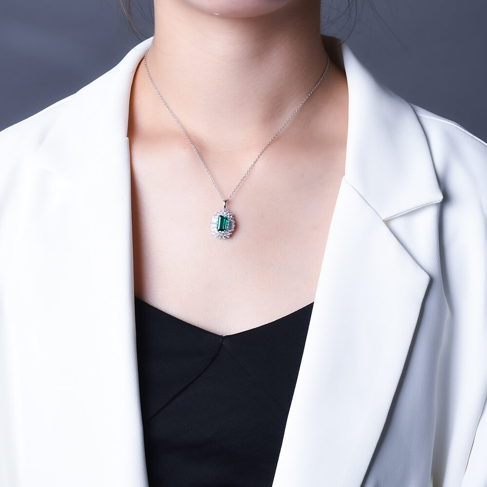 Double Halo Lab-Created Emerald Sterling Silver Necklace - ReadYourHeart