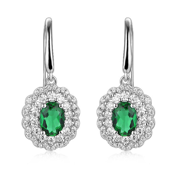 Double Halo Oval Lab-Created Emerald Sterling Silver Drop Earrings