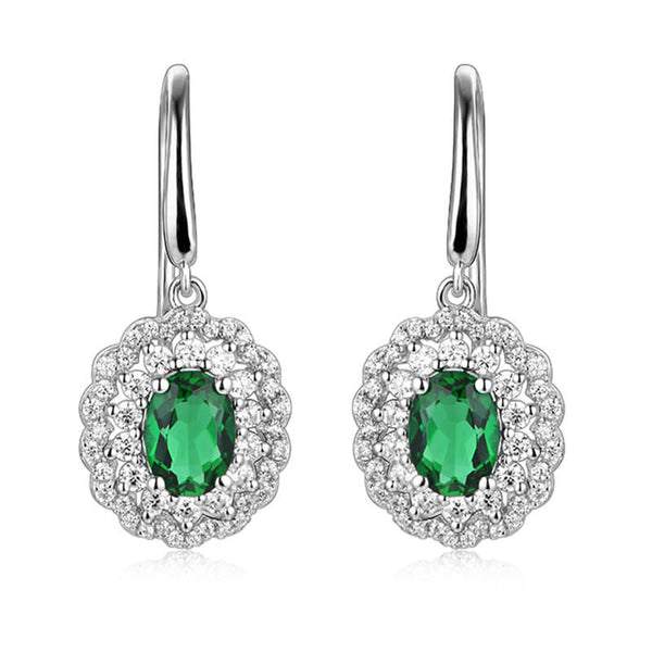 Double Halo Oval Lab-Created Emerald Sterling Silver Drop Earrings - ReadYourHeart