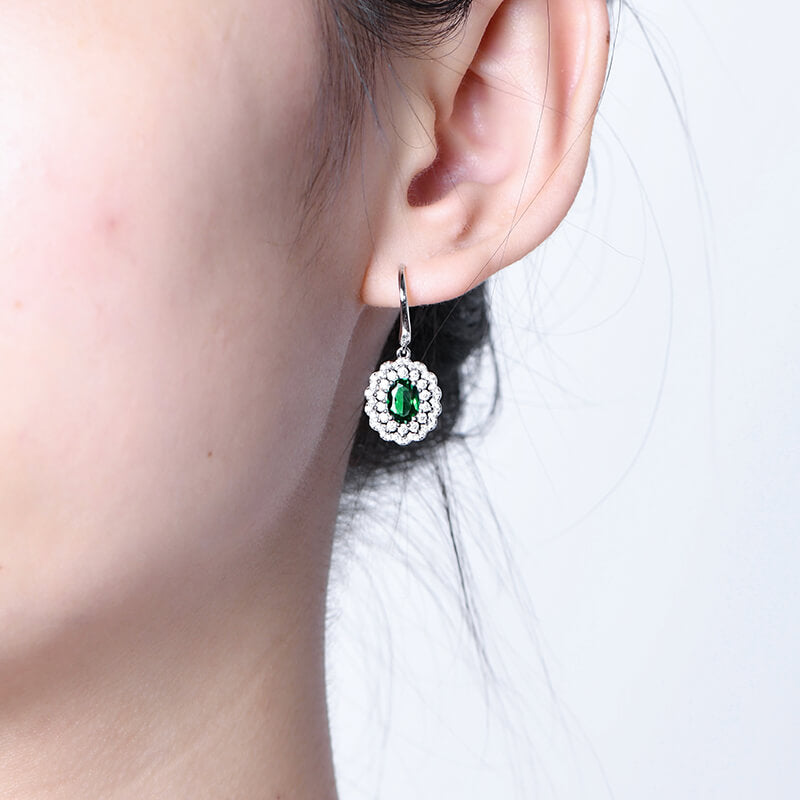 Double Halo Oval Lab-Created Emerald Sterling Silver Drop Earrings - ReadYourHeart