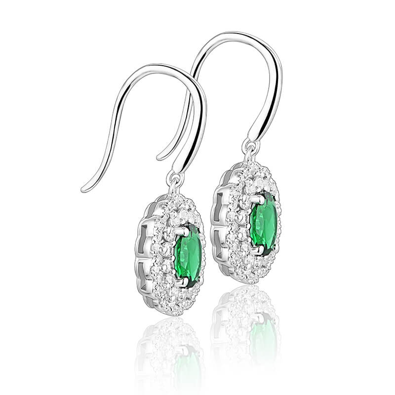 Double Halo Oval Lab-Created Emerald Sterling Silver Drop Earrings - ReadYourHeart