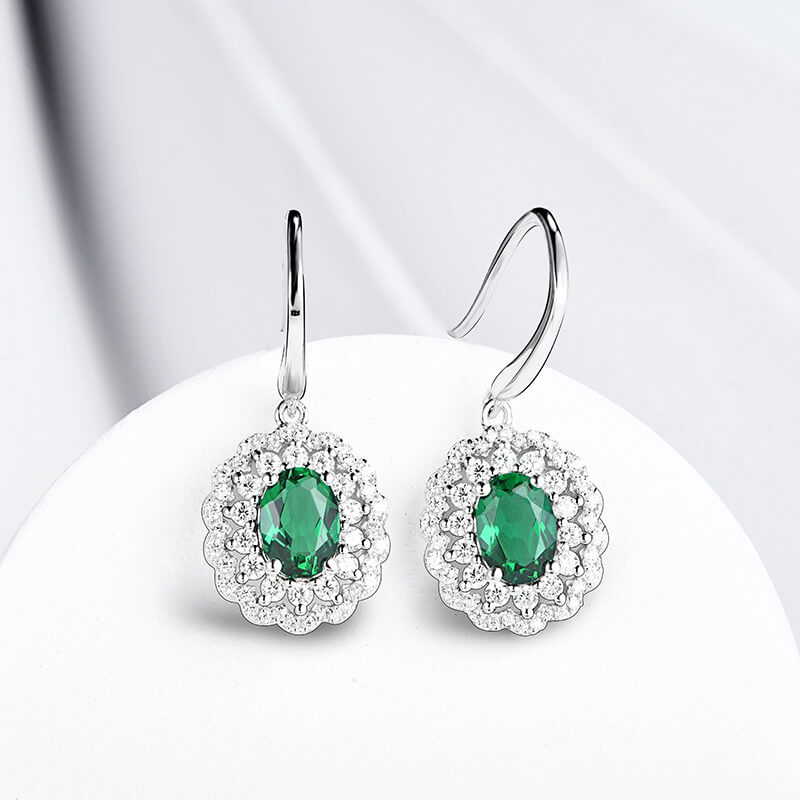 Double Halo Oval Lab-Created Emerald Sterling Silver Drop Earrings - ReadYourHeart