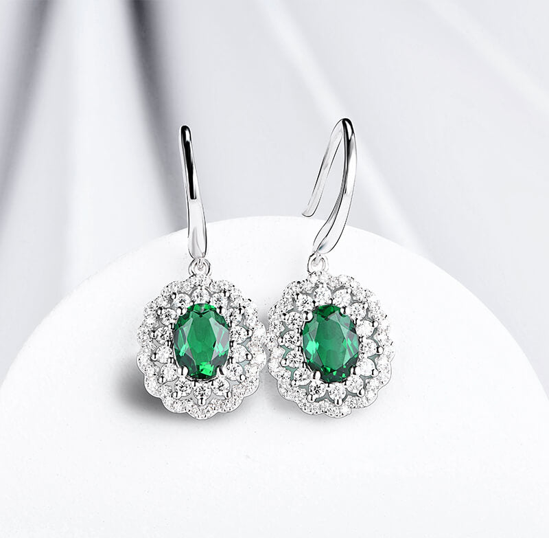 Double Halo Oval Lab-Created Emerald Sterling Silver Drop Earrings - ReadYourHeart