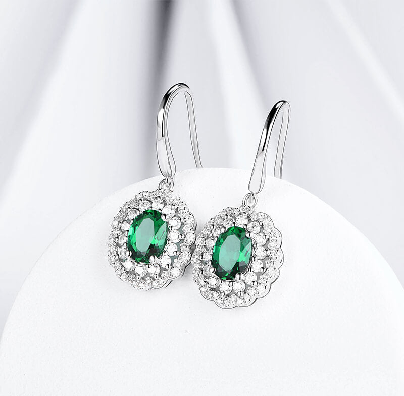 Double Halo Oval Lab-Created Emerald Sterling Silver Drop Earrings - ReadYourHeart