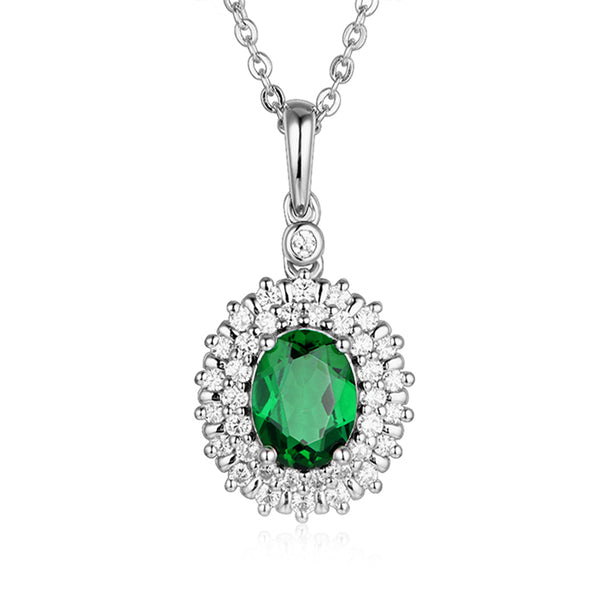 Double Halo Oval Lab-Created Emerald Sterling Silver Necklace