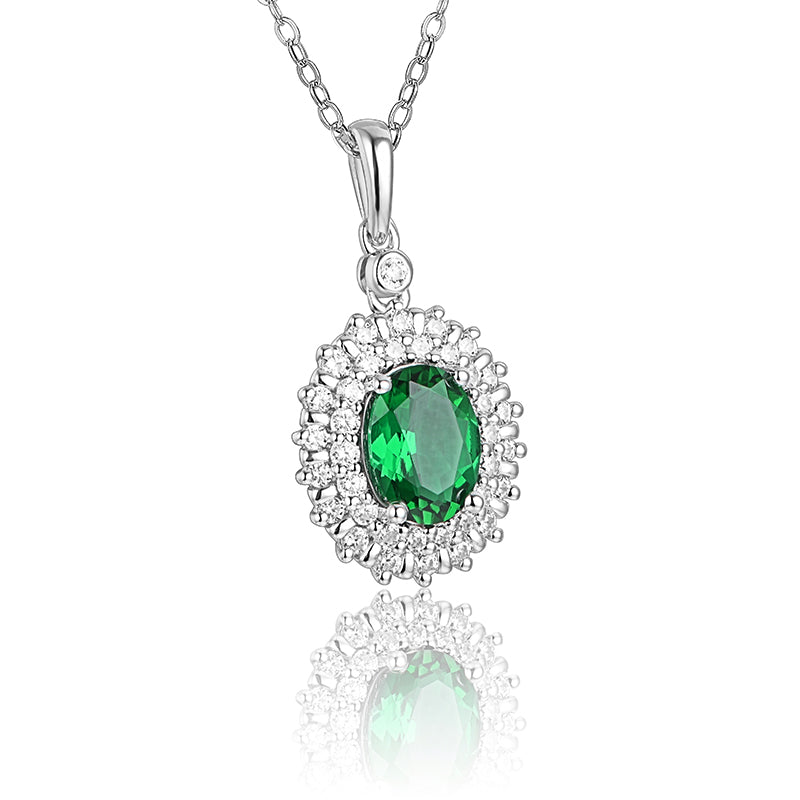 Double Halo Oval Lab-Created Emerald Sterling Silver Necklace - ReadYourHeart