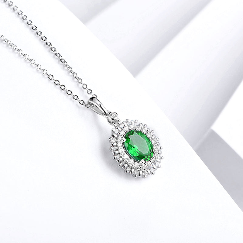 Double Halo Oval Lab-Created Emerald Sterling Silver Necklace - ReadYourHeart