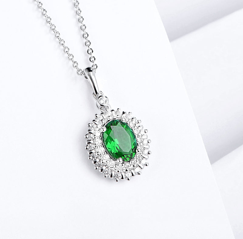 Double Halo Oval Lab-Created Emerald Sterling Silver Necklace - ReadYourHeart