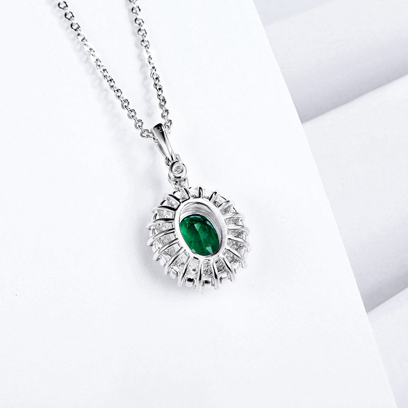 Double Halo Oval Lab-Created Emerald Sterling Silver Necklace - ReadYourHeart