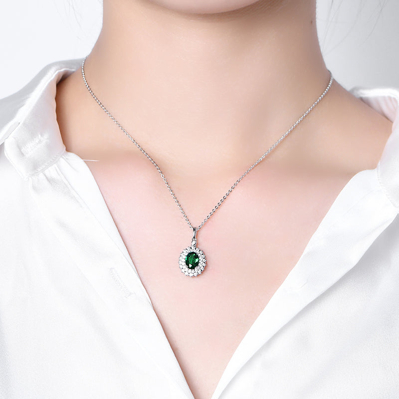 Double Halo Oval Lab-Created Emerald Sterling Silver Necklace - ReadYourHeart