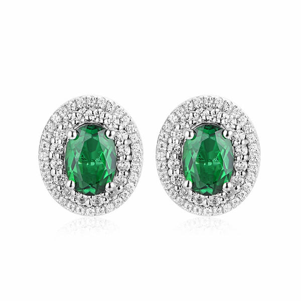 Double Halo Oval Lab-Created Emerald Sterling Silver Stud Earrings - ReadYourHeart